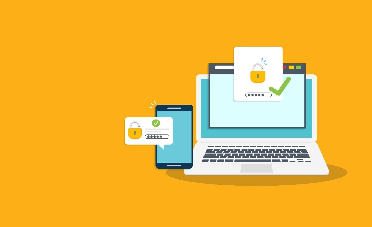 Cross-device synchronization illustration showing a laptop, tablet, and smartphone displaying matching checkmarks and documents on a yellow background.