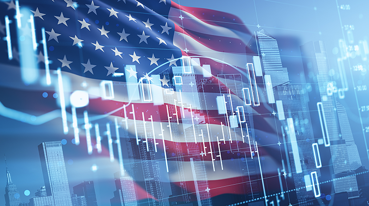 picture with American flag, skyscrapers, data, and charts