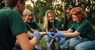 A group of volunteers planting a tree